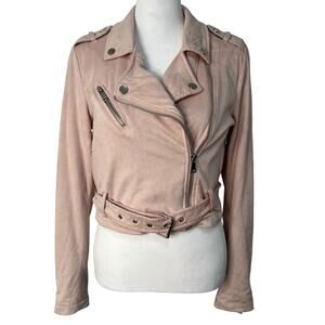 Ashley Outerwear Womens Small Cropped Moto Jacket Pink Asymmetrical Zip Belt NWT